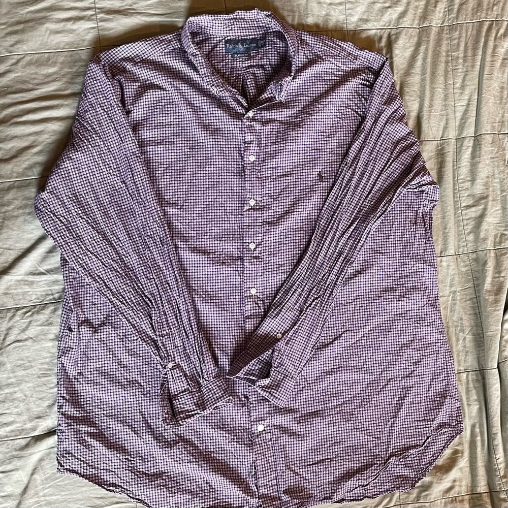Polo dress shirt with an extra snap added after the bottom button as I am 6’5”